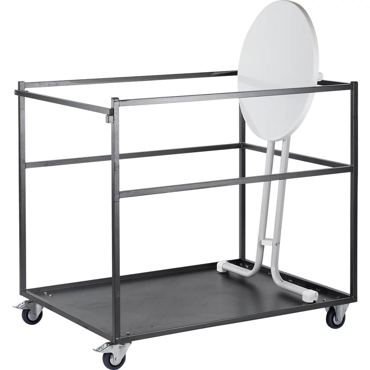 A transport cart with a round, white table. The cart has a dark metal frame and wheels.