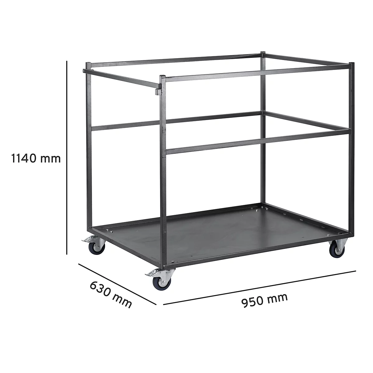 Black serving cart with wheels, details of height and width. Dimensions are: 1140mm x 630mm x 950mm.