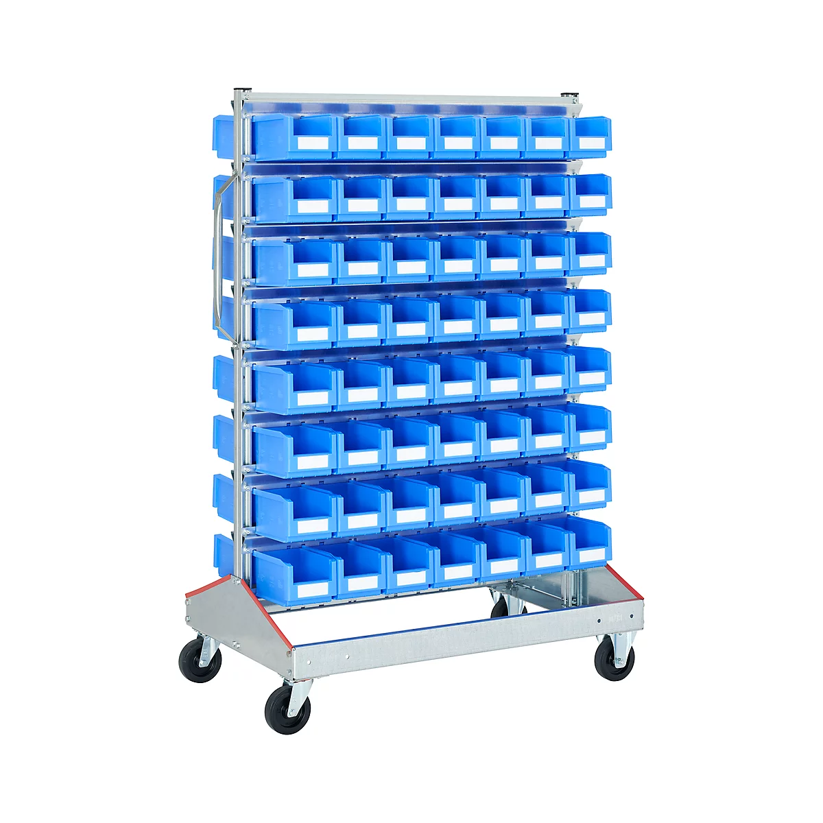 Trolley v. magazijnbakken, tweezijdig, B 1130 x D 710 x H 1705 mm, 112 x 3 l blauw