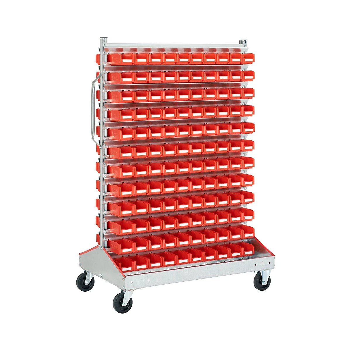 Trolley v. magazijnbakken, tweezijdig, B 1130 x D 710 x H 1705 mm, 240 x 0,7 l rood