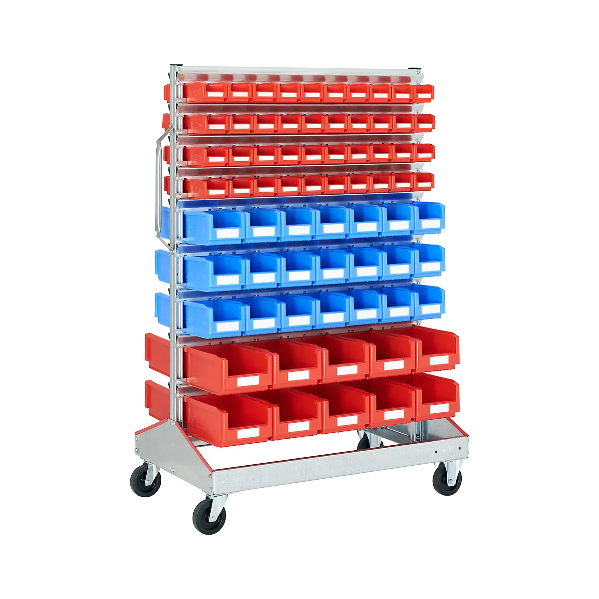 Trolley v. magazijnbakken, tweezijdig, B 1130 x D 710 x H 1705 mm, 80 x 0,7 l rood, 42 x 3 l blauw, 20 x 7,5 l rood