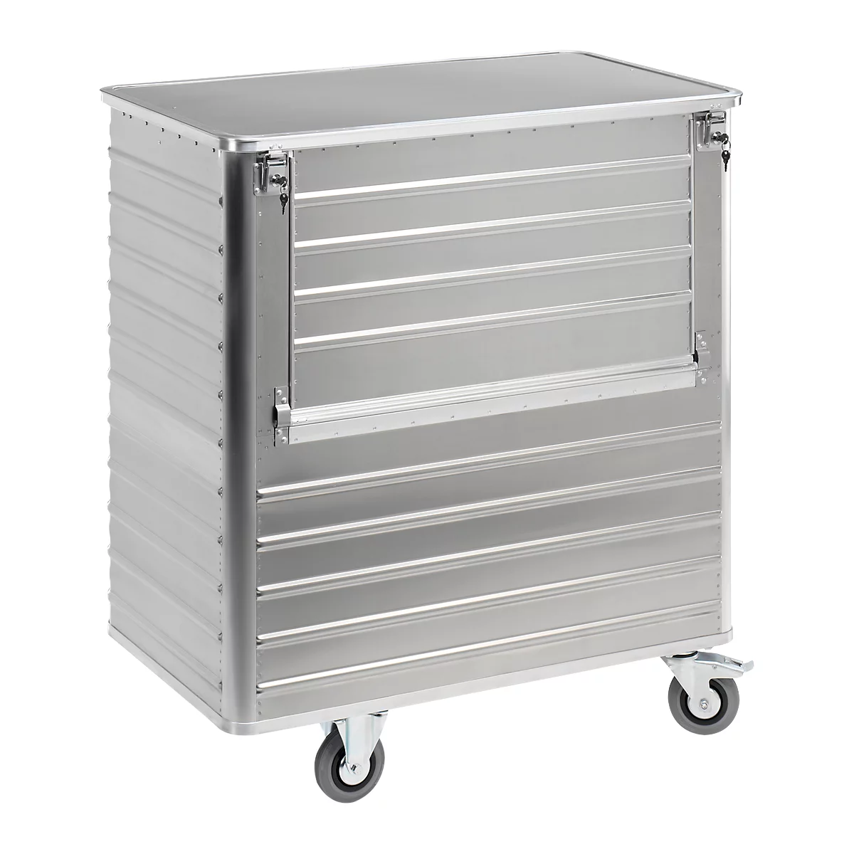 Aluminum transport trolley with wheels, ribbed sides and lid. One side with folding function.