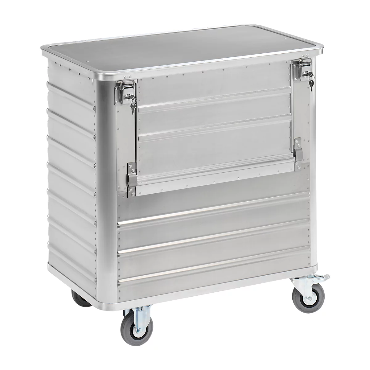 Silver-colored, robust transport cart with wheels and a flap. The cart is made of metal and appears stable and durable.