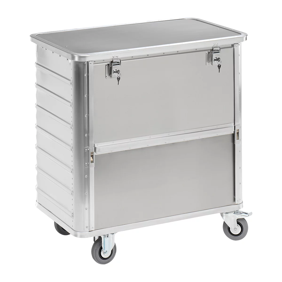 Silver service cart with two doors, wheels, and two locks.