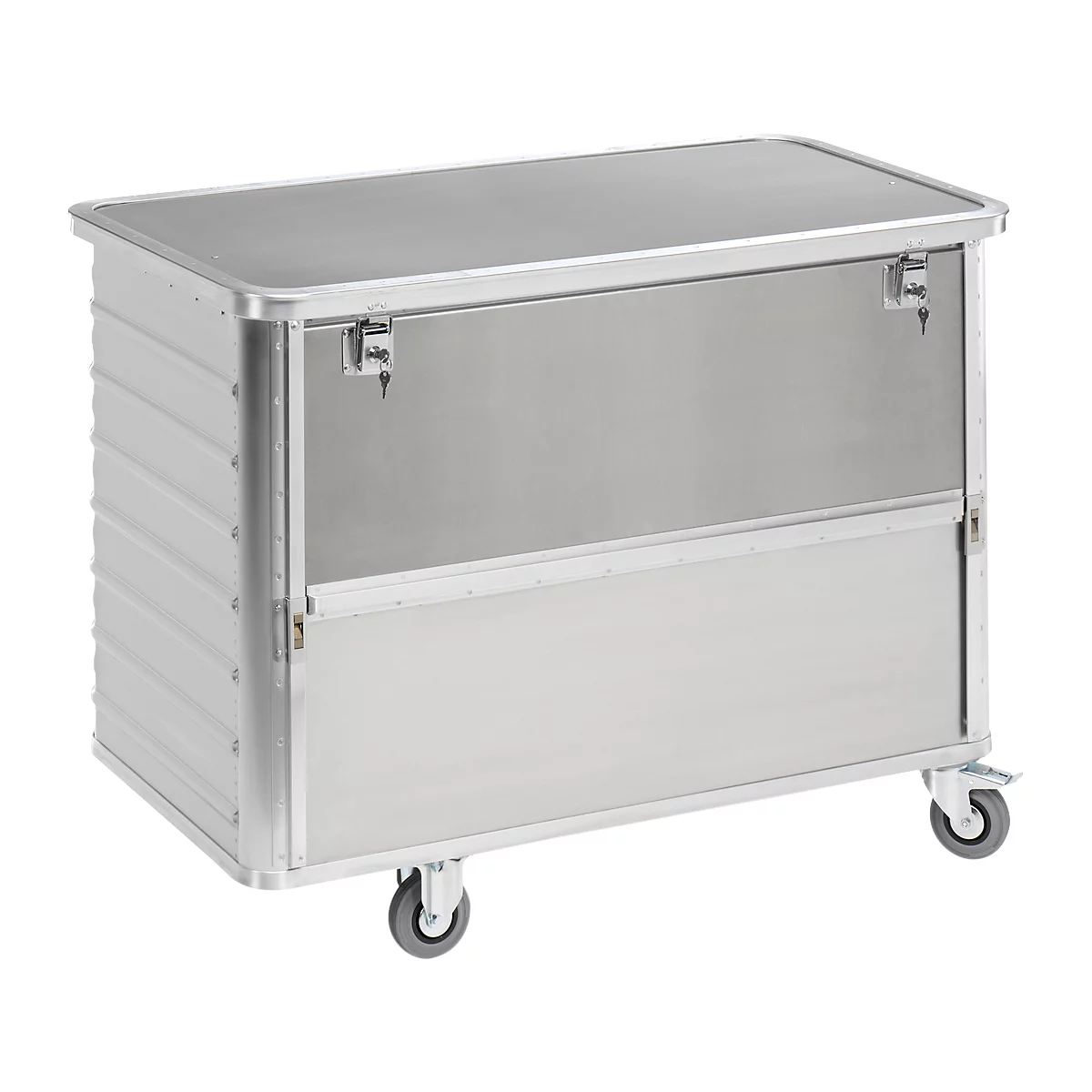 A silver rolling cart with two doors and wheels. The upper door has a lock with a key.