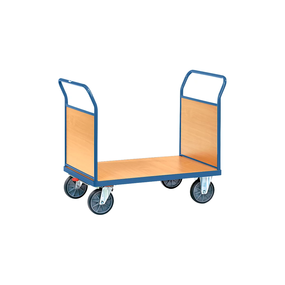 Transport cart with blue frame, four wheels and wooden floor.