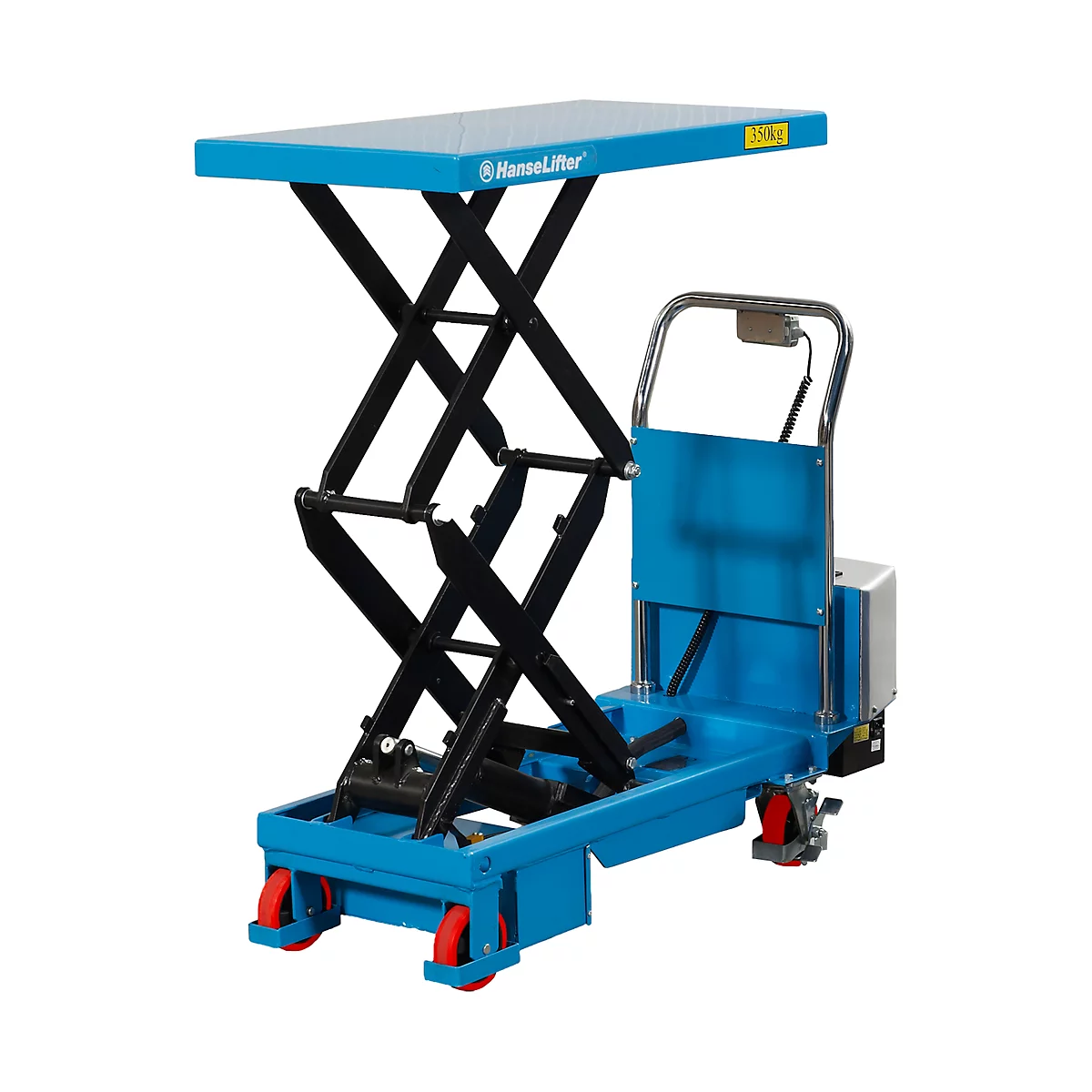 Blue lifting table with black scissor arms and red tires. The table bears the "HanseLifter" logo.