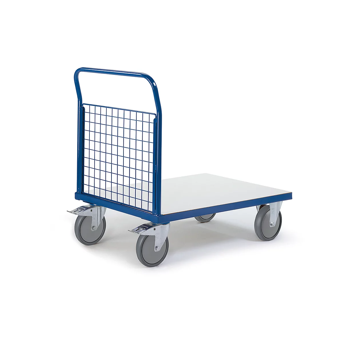 Blue, rectangular transport cart with four gray wheels, white loading area and wire mesh.