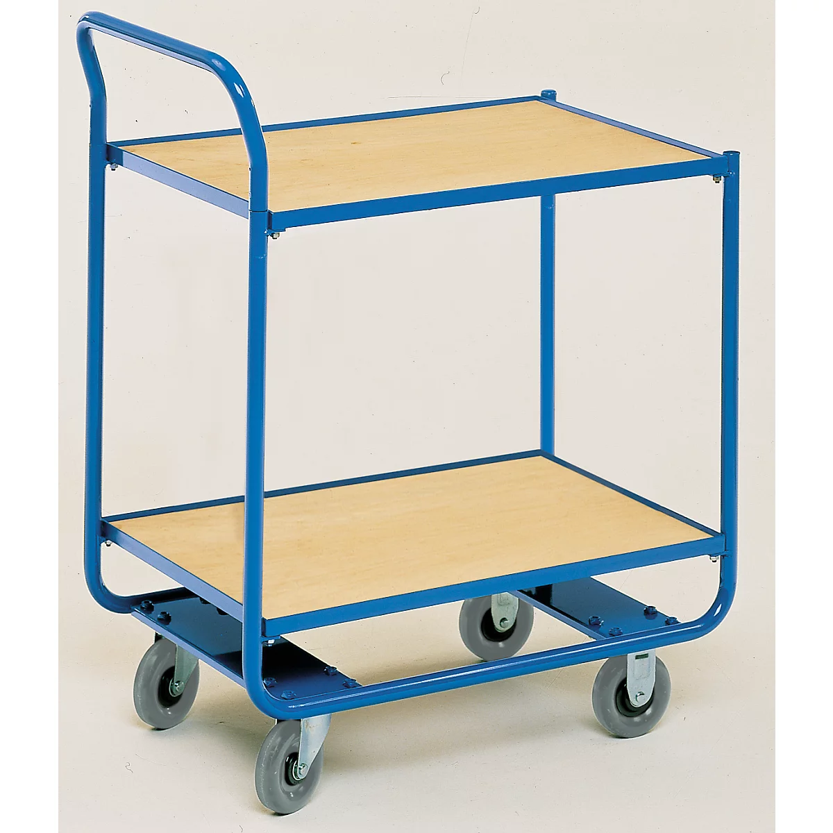 Blue painted transport trolley with two wooden shelves and four gray wheels.
