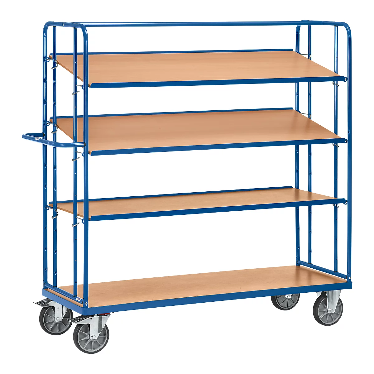 Blue and silver trolley with wooden shelves. It has four wooden shelves, four castors and a drawbar.