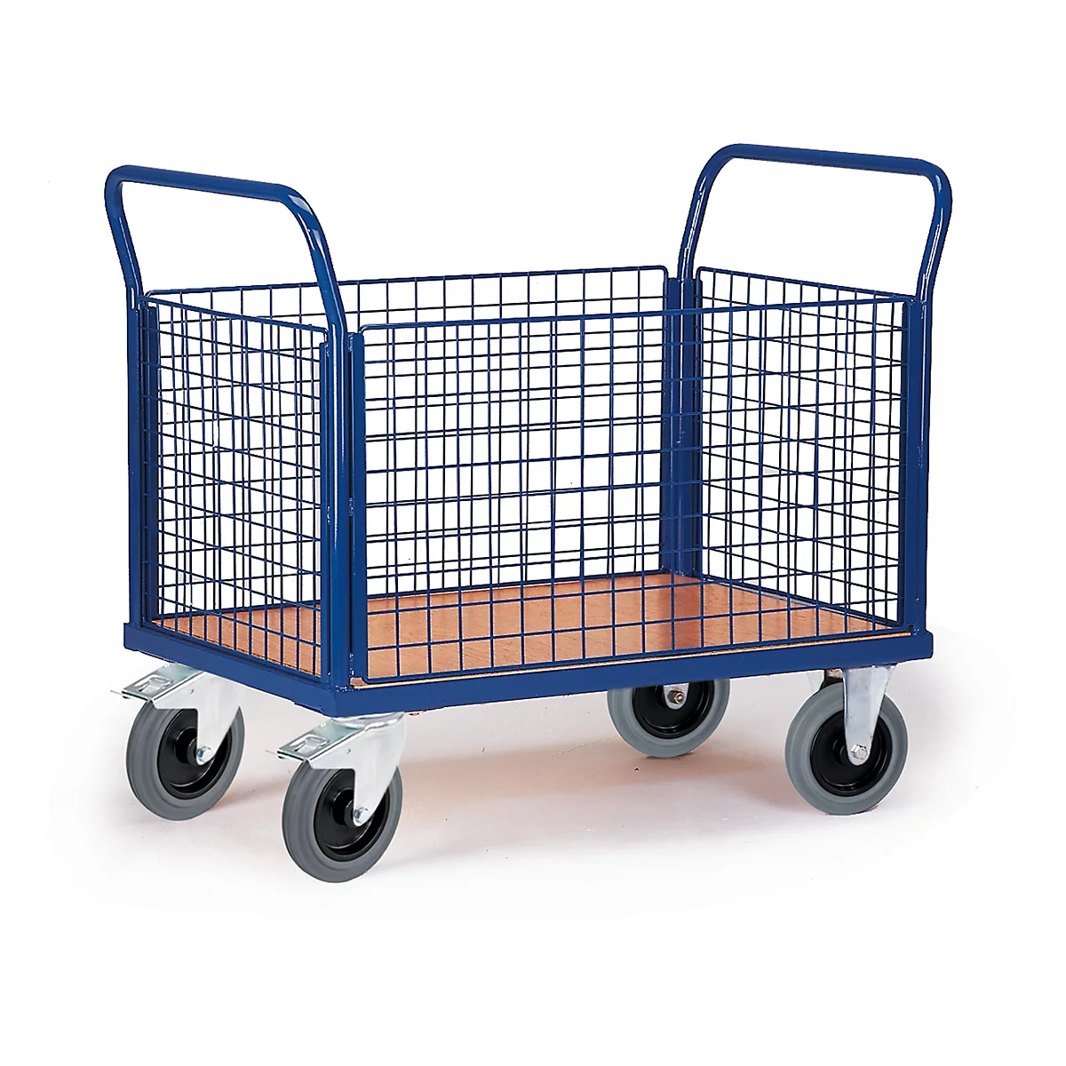 Blue cart with mesh sides, four wheels and a wooden base.