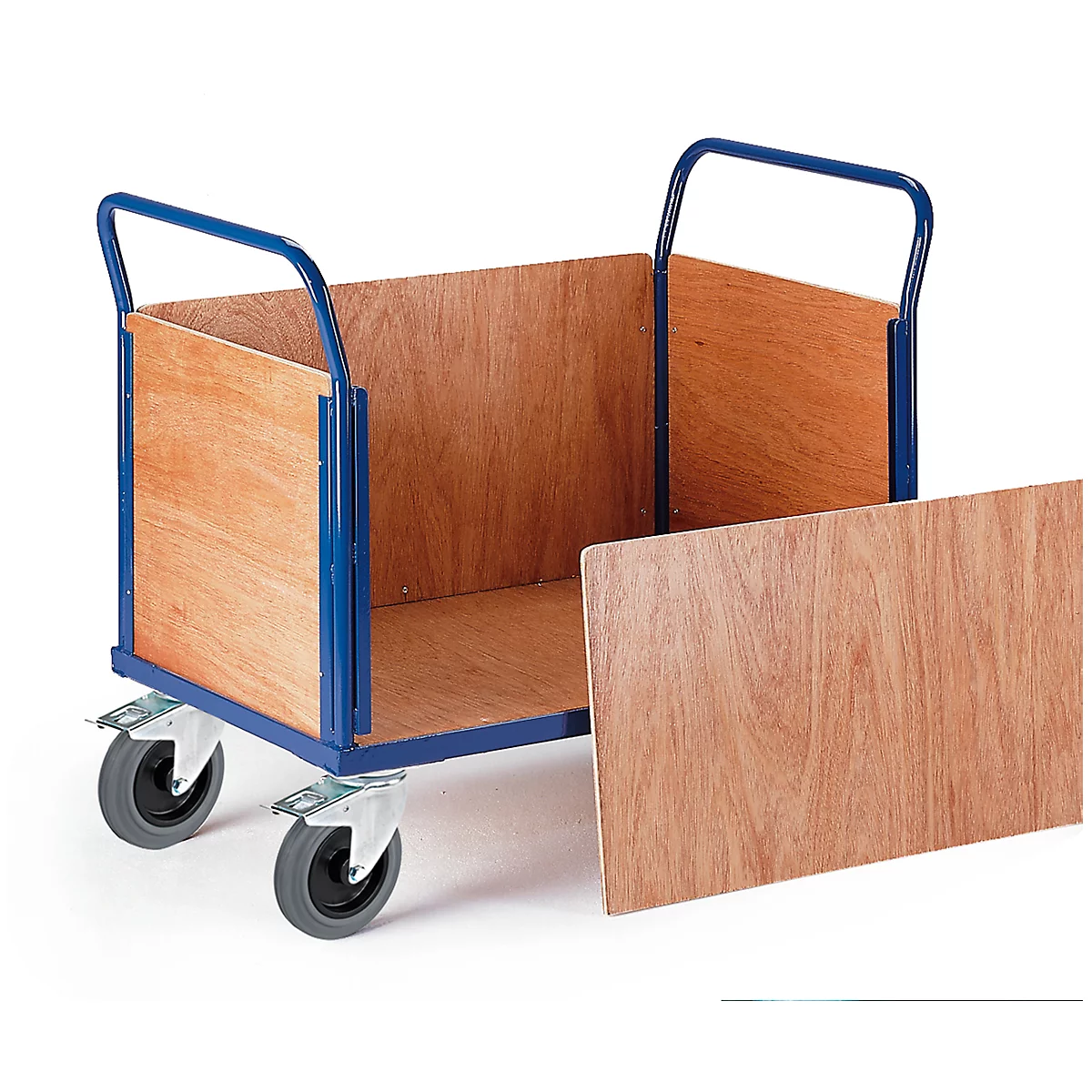 Wooden cart with blue handles and wheels. One side panel is removed.