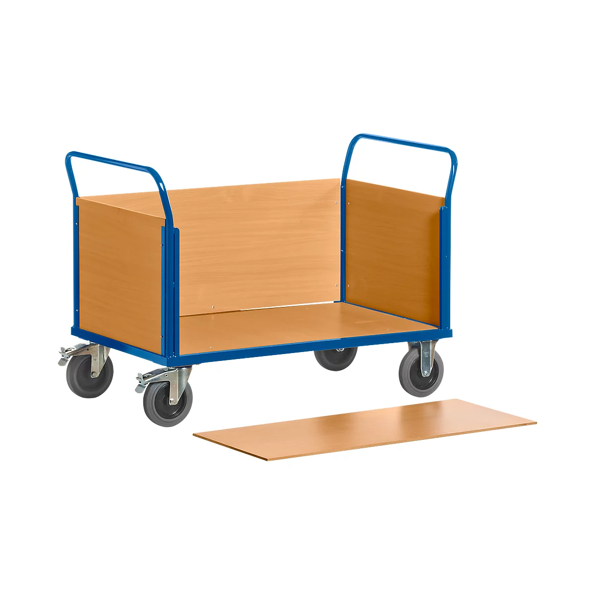 A blue transport trolley with wooden sides and four wheels. A loose wooden board is lying under the trolley.