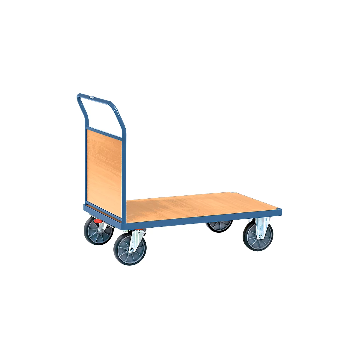 Blue-gray transport cart with wooden board and four wheels. Upright handle.