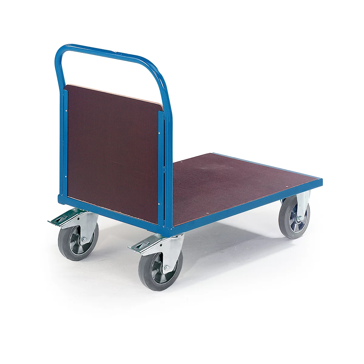 A blue platform trolley with four wheels and a wooden platform. It has a curved handle and a wooden back.