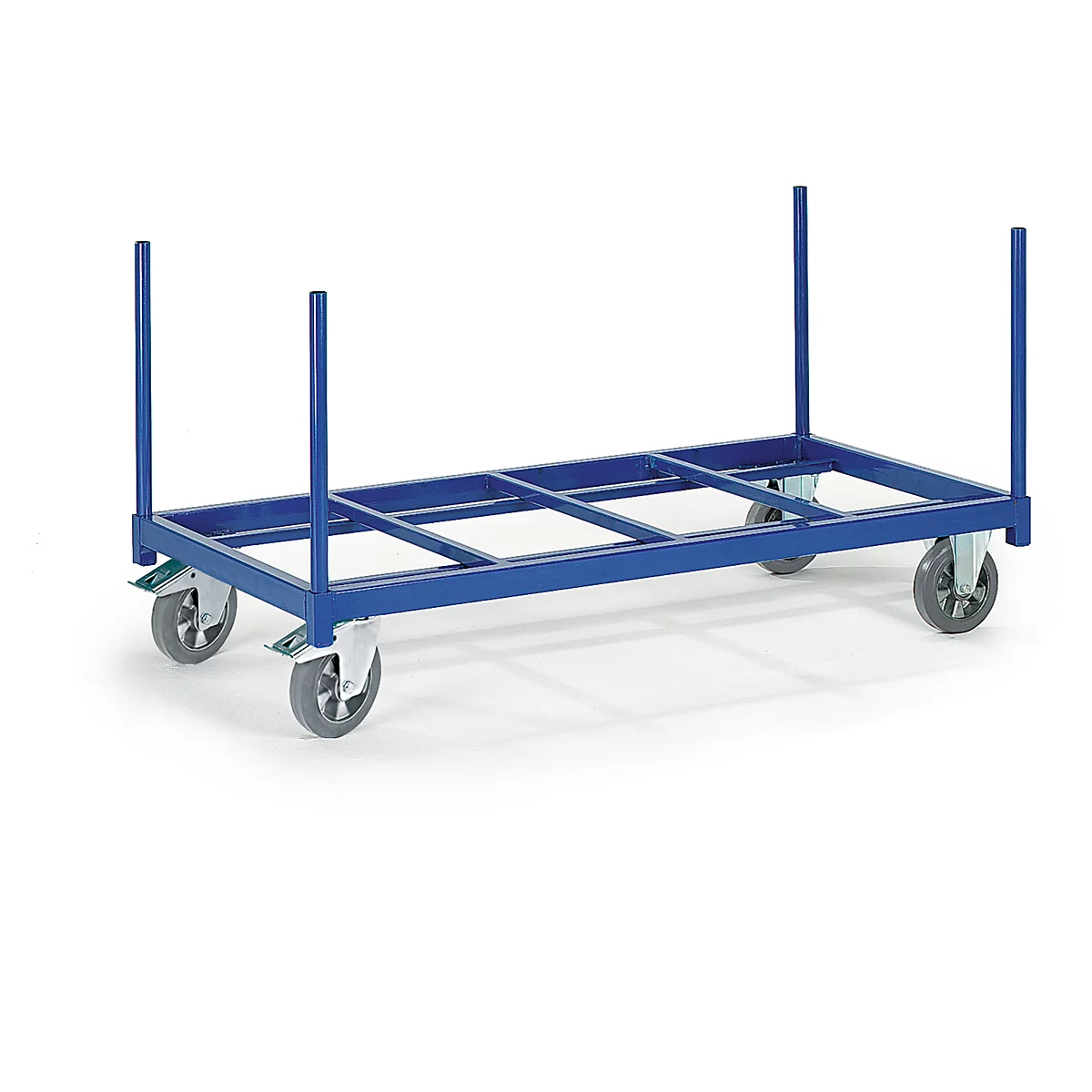 Blue cart with wheels. Upright poles, rectangular frame. Four grey wheels, white background.