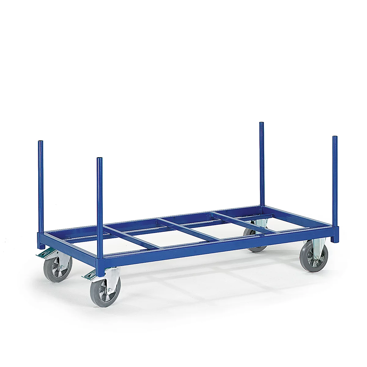 Blue cart on white background, four wheels.