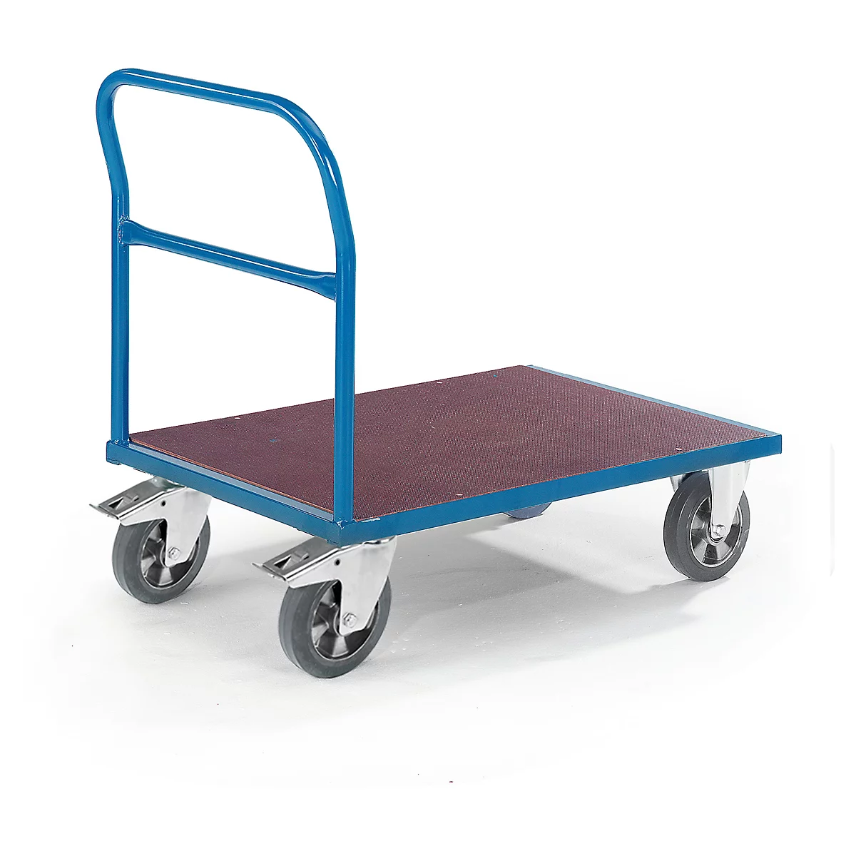 Blue platform trolley with red loading area. Four wheels, high handle.