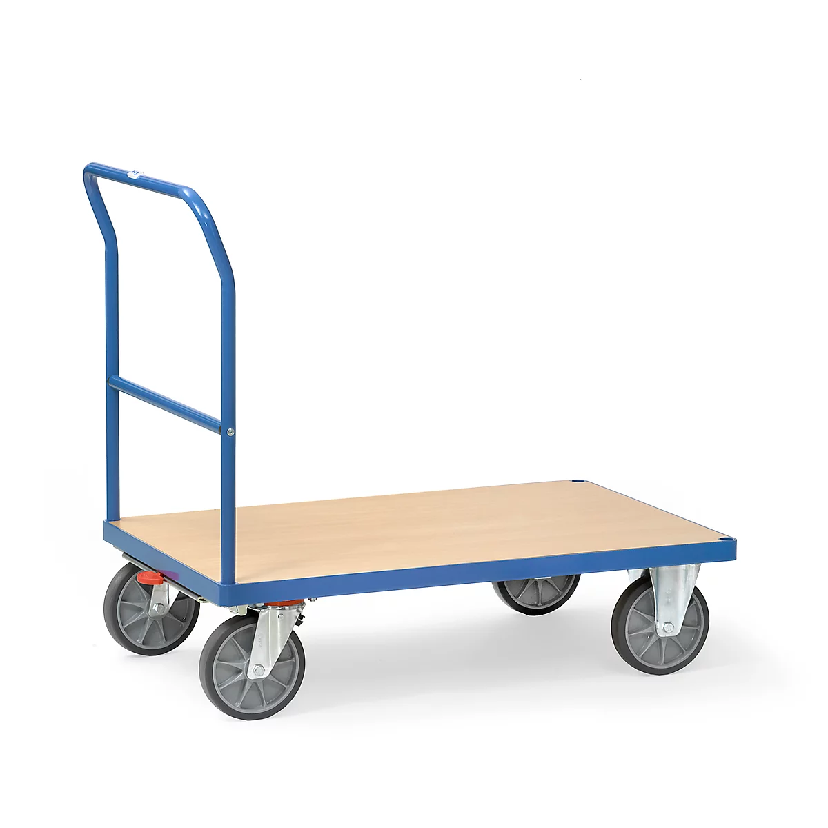 Blue transport cart with four wheels and a wooden platform. It has a blue handle.