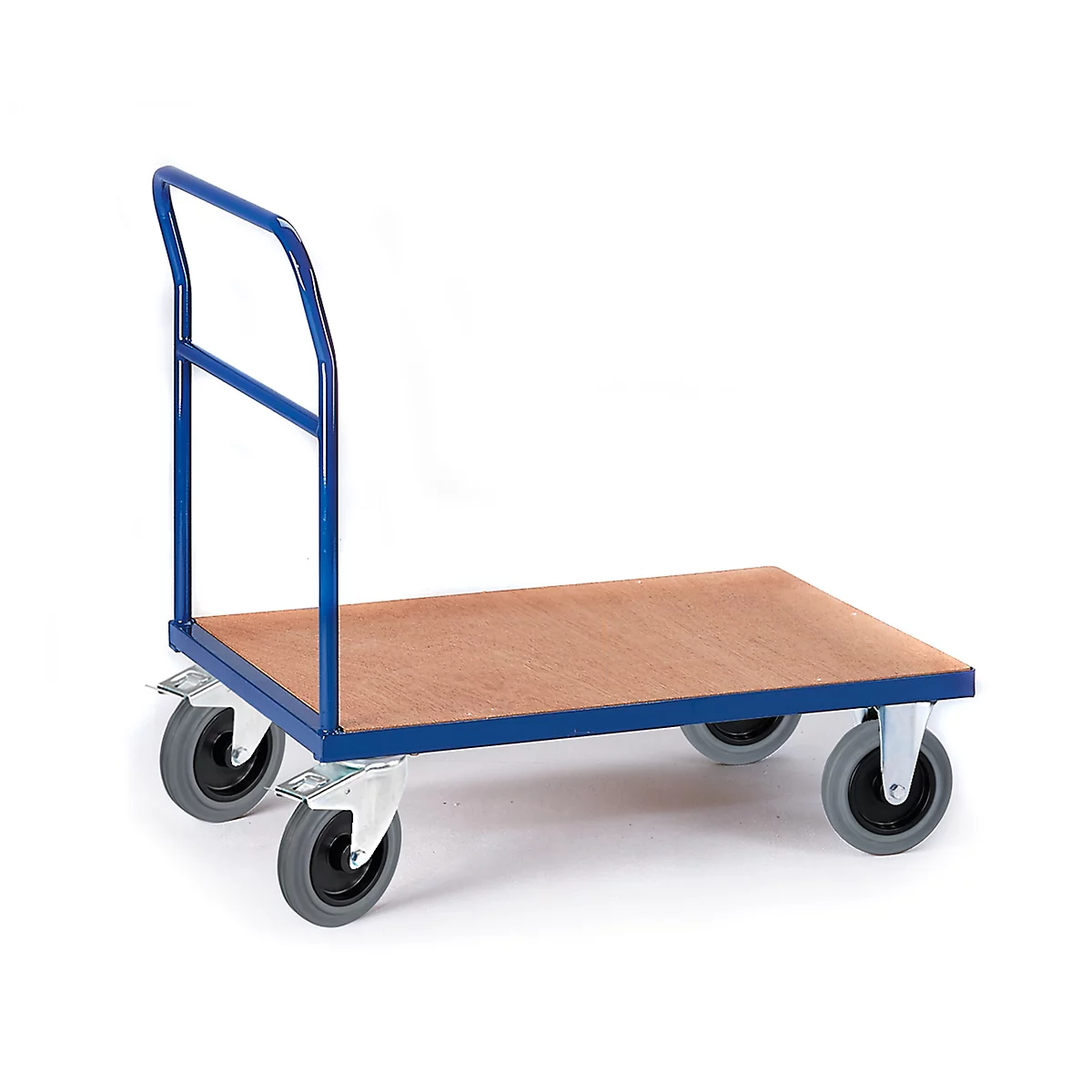 Hand cart with wooden platform and blue frame, on a white background.