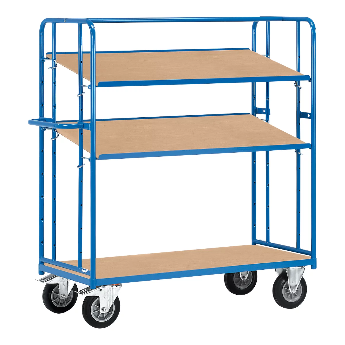 Blue transport cart with three wooden shelves on wheels.