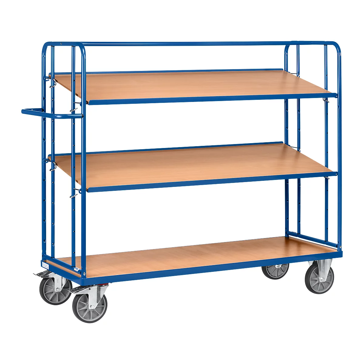 Blue rolling cart with three wooden shelves. Gray wheels.