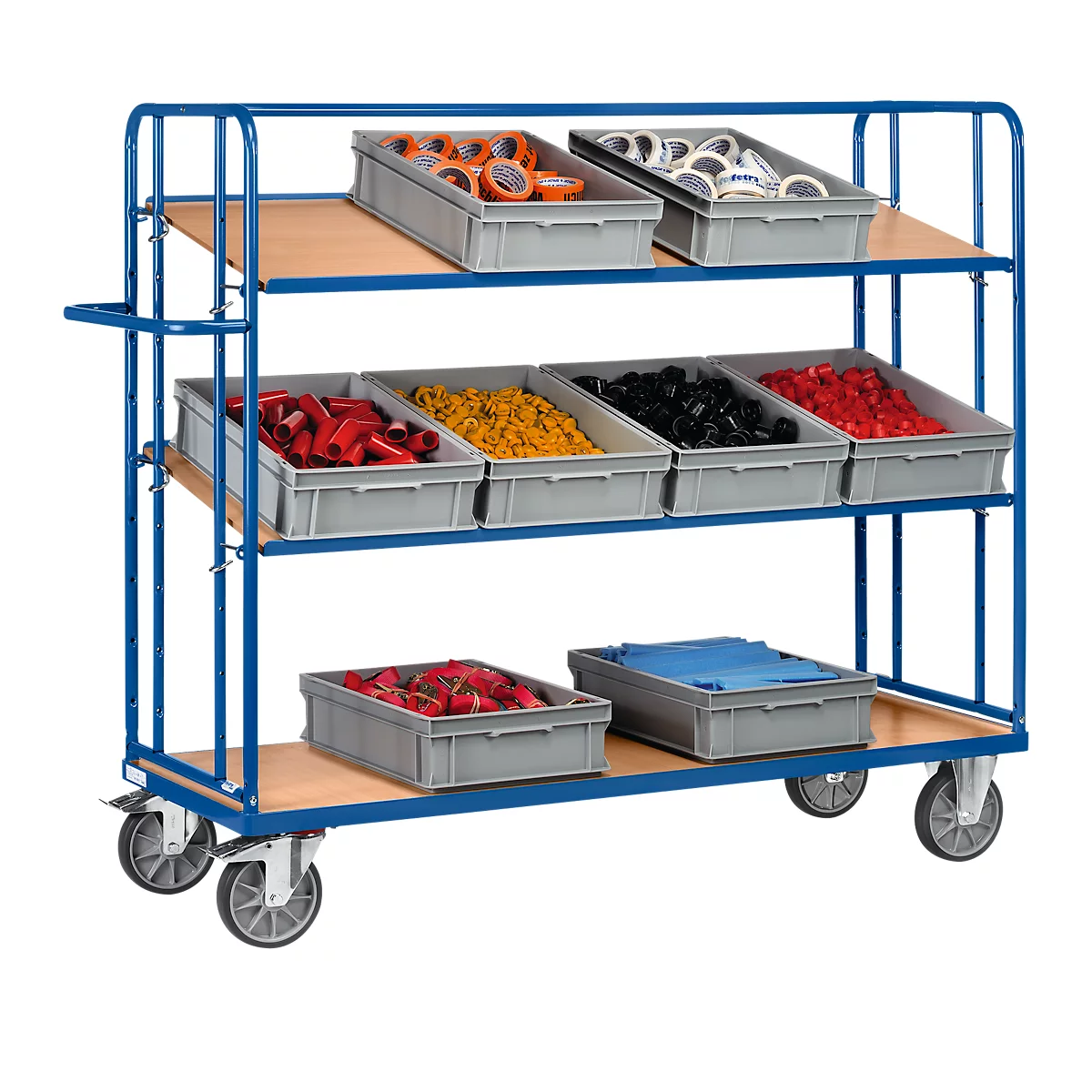 Blue workshop trolley with three shelves, equipped with gray plastic boxes filled with colorful small parts. On wheels.
