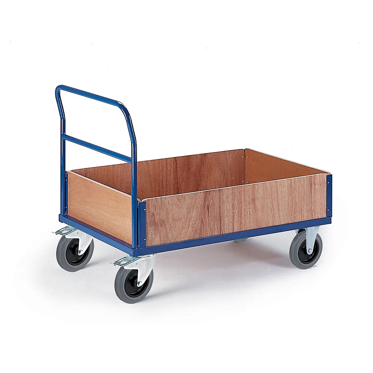 Blue transport trolley with wooden basket. Four wheels, handle for pushing.