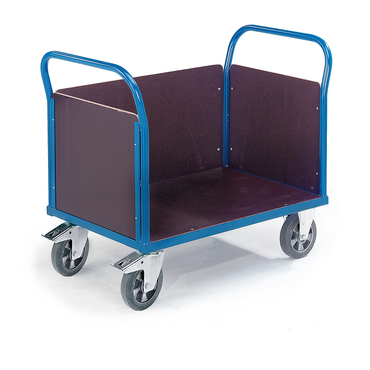 A blue metal transport cart with a brown loading area and four wheels.