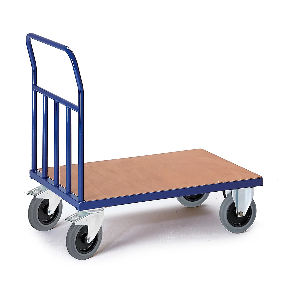 A blue transport cart with wooden top, four wheels and blue handle. Against a white background.