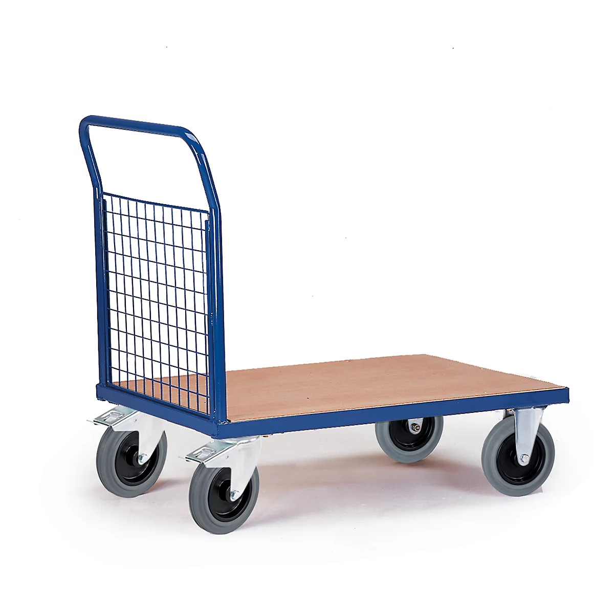 Blue transport cart with wooden plate, four wheels and grid wall.