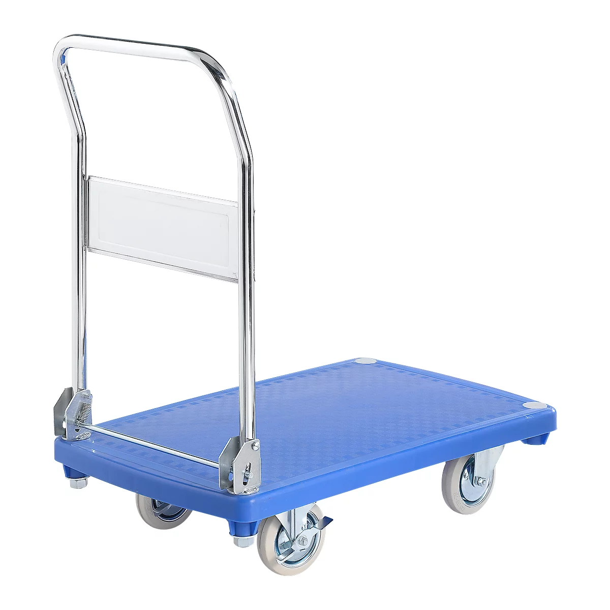 Blue platform trolley with chrome handle and four wheels.