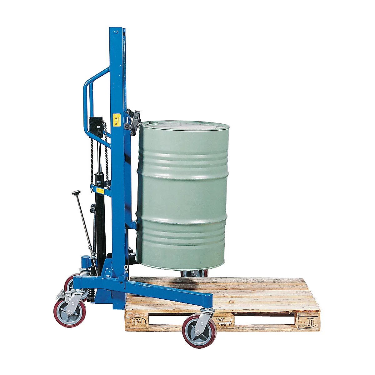 Trommelheffer asecos, GH asecos, gepoedercoat staal, B 900 x D 1100 x H 1885 mm, draagvermogen 350 kg