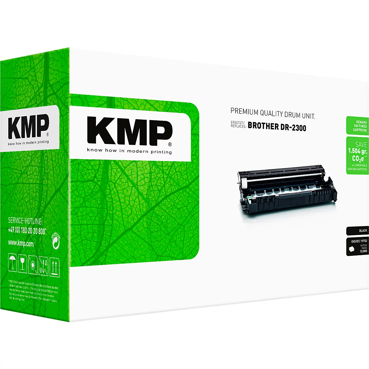 KMP Trommeleinheit für Brother DR-2300 in weißer Verpackung mit grünem Blattmuster.