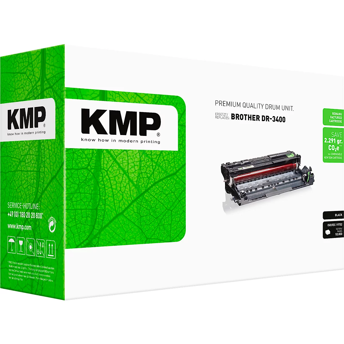 KMP Trommeleinheit DR-3400 für Brother-Drucker in weißer Verpackung mit grünem Blattmuster.