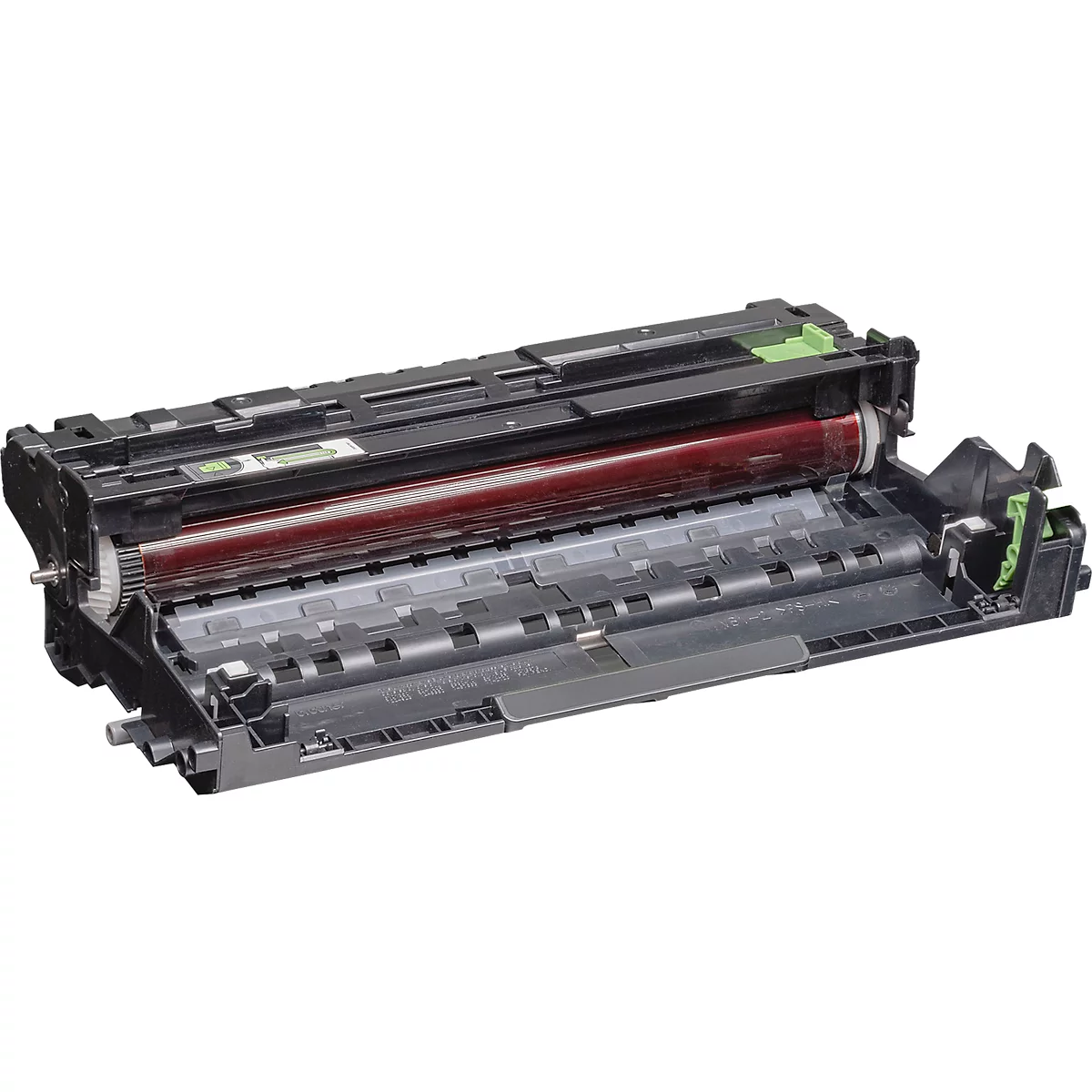 Schwarze Laserdrucker-Trommeleinheit mit einer glänzenden, dunkelroten Bildtrommel auf weißem Hintergrund.