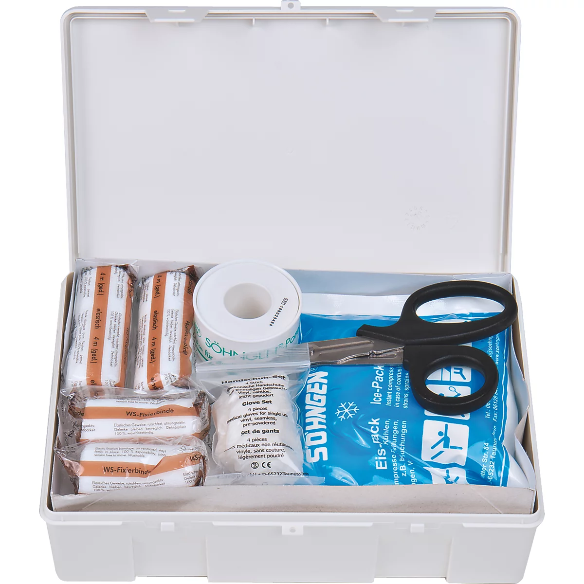 Trousse à pharmacie Office, L 260 x l. 160 x H 70 mm, en plastique, avec contenu conforme à la nomre DIN 13 157