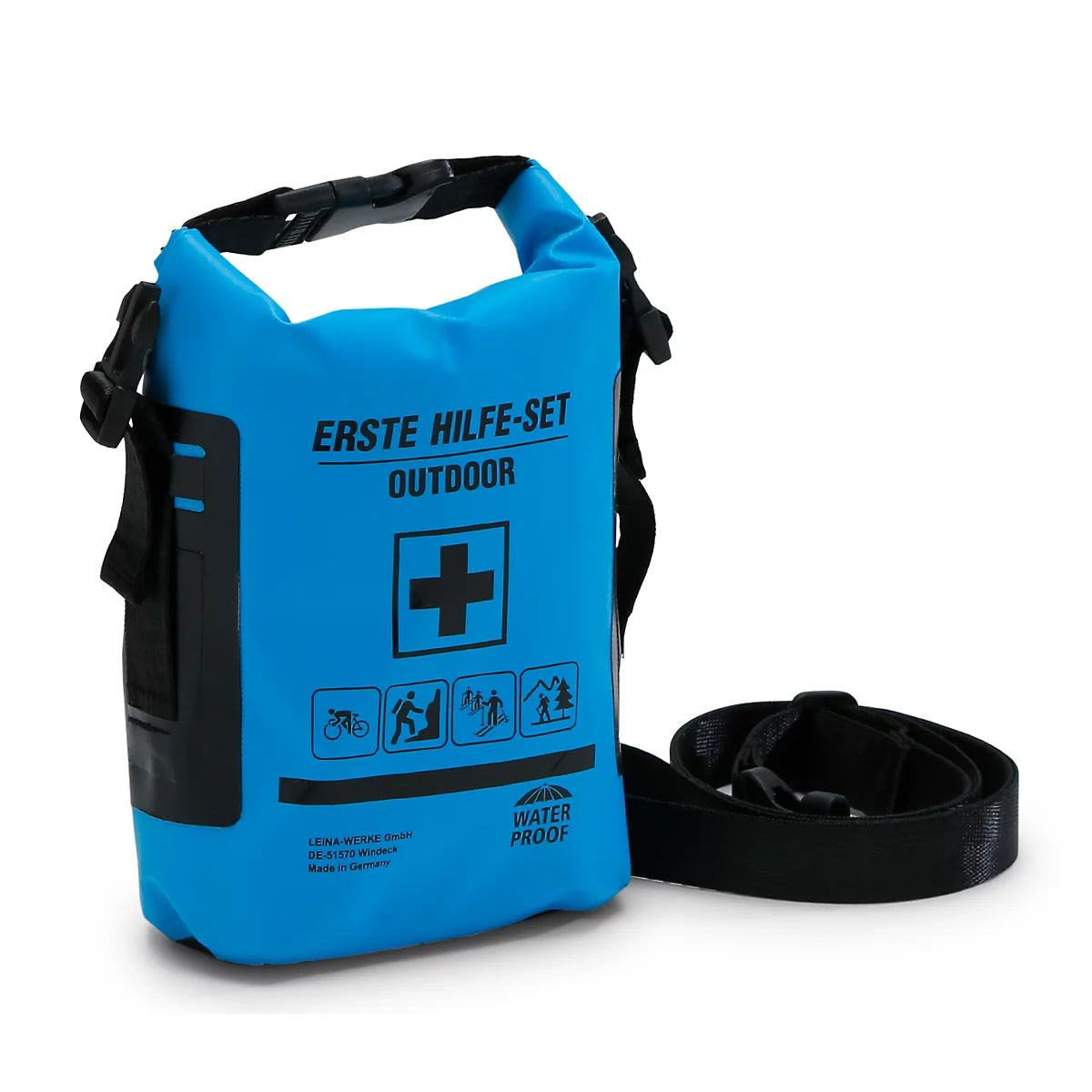 Sac de premiers secours bleu et imperméable avec bandoulière noire et symbole de croix sur fond blanc.