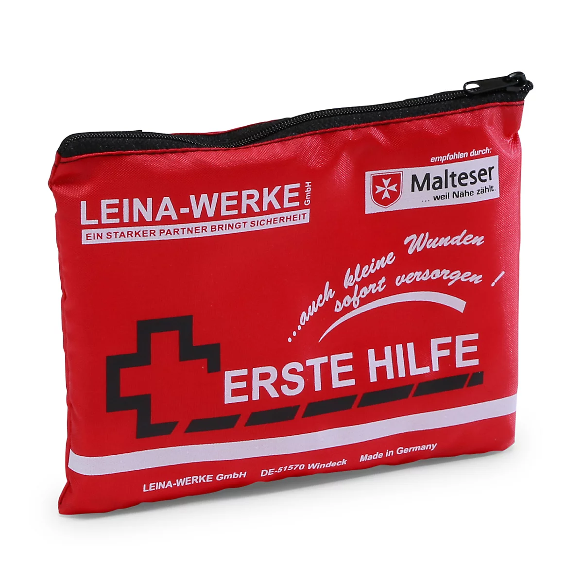Trousse de premiers secours rouge avec fermeture éclair, marquée 'ERSTE HILFE' et logos d'entreprise.