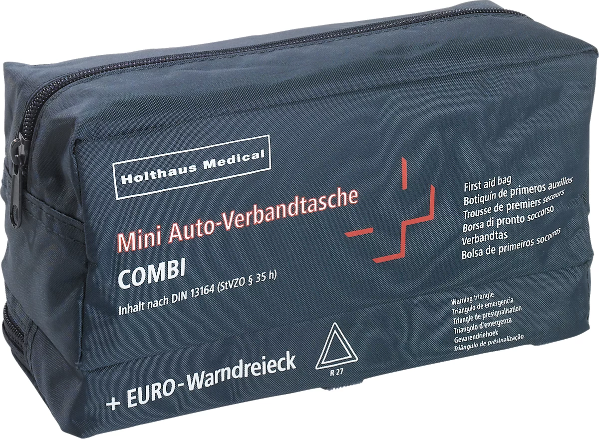 Trousse de secours Holthaus Medical Mini COMBI, pour la voiture, contenu  selon DIN 13 164, y compris triangle de signalisation, L 220 x P 80 x H 120  mm, nylon, bleu acheter