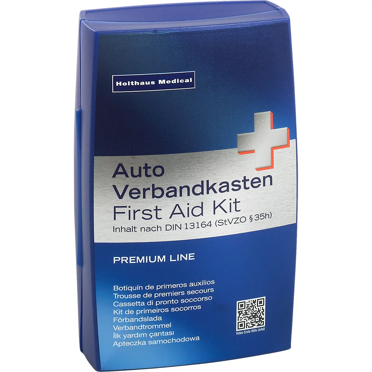 Trousse de premiers secours bleue avec croix blanche et texte: Auto Verbandkasten First Aid Kit. Informations multilingues.