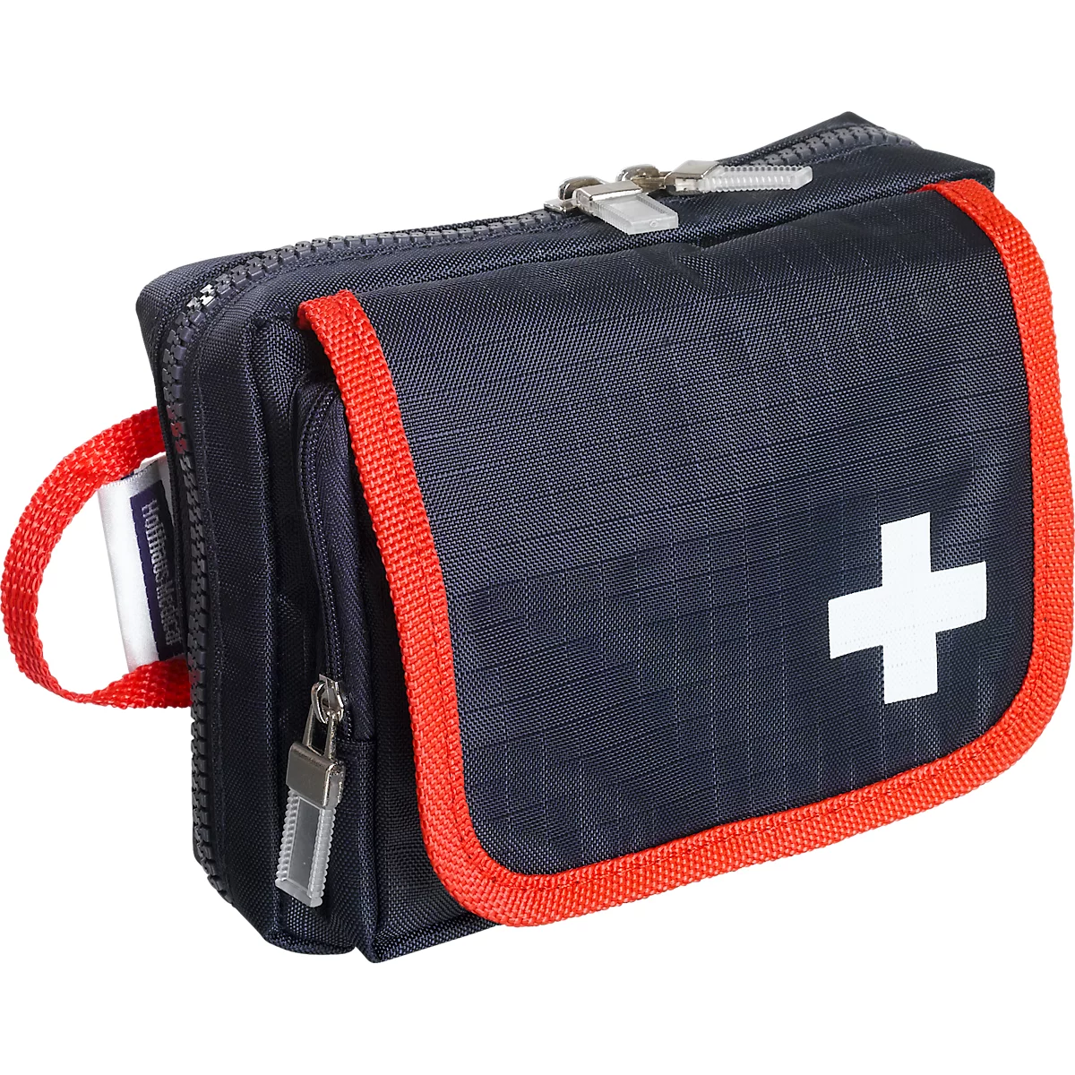 Trousse de premiers secours bleu foncé avec croix blanche et accents rouges.
