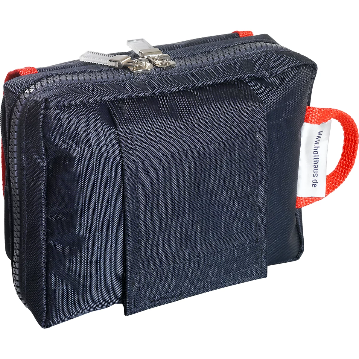 Sac bleu foncé avec fermeture éclair et poignée rouge. www.holthaus.de est écrit sur la poignée.