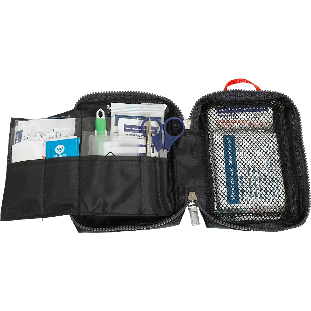 Sac d'urgence bleu foncé ouvert avec diverses fournitures médicales telles que des bandages, des ciseaux et des pansements.