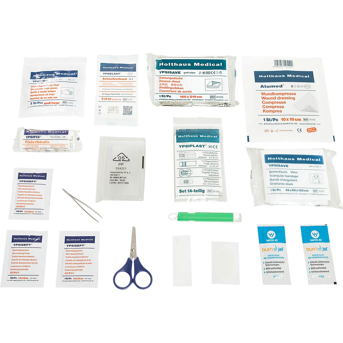 Trousse de premiers secours avec bandages, pince à épiler, ciseaux et tampons.