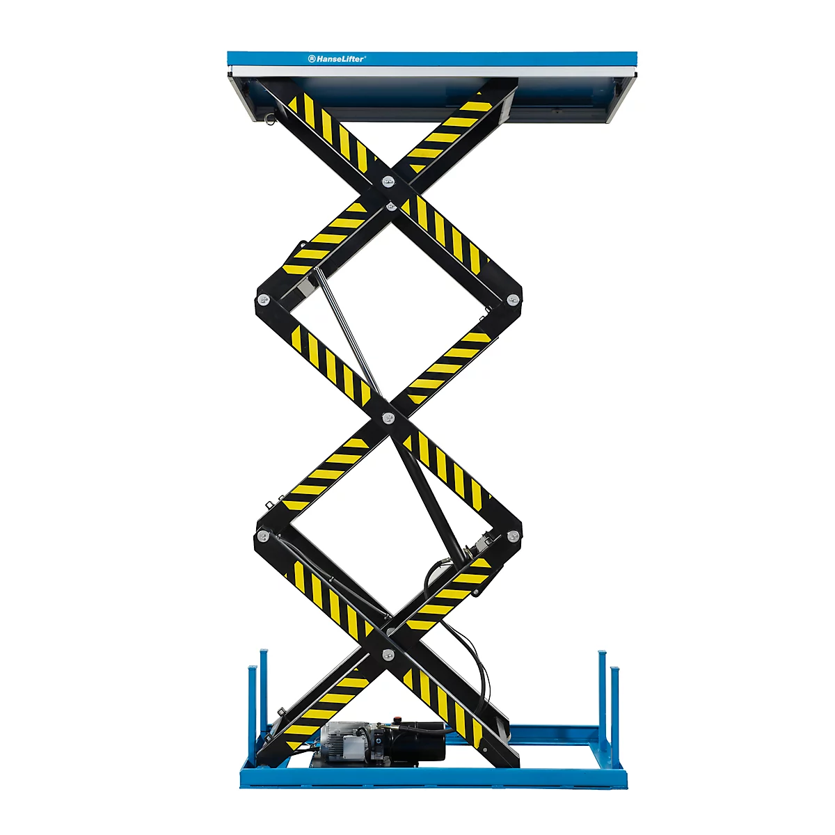 A blue scissor lift. Black struts with yellow stripes are connected by a mechanical system. The top platform reads "Hauslifter."