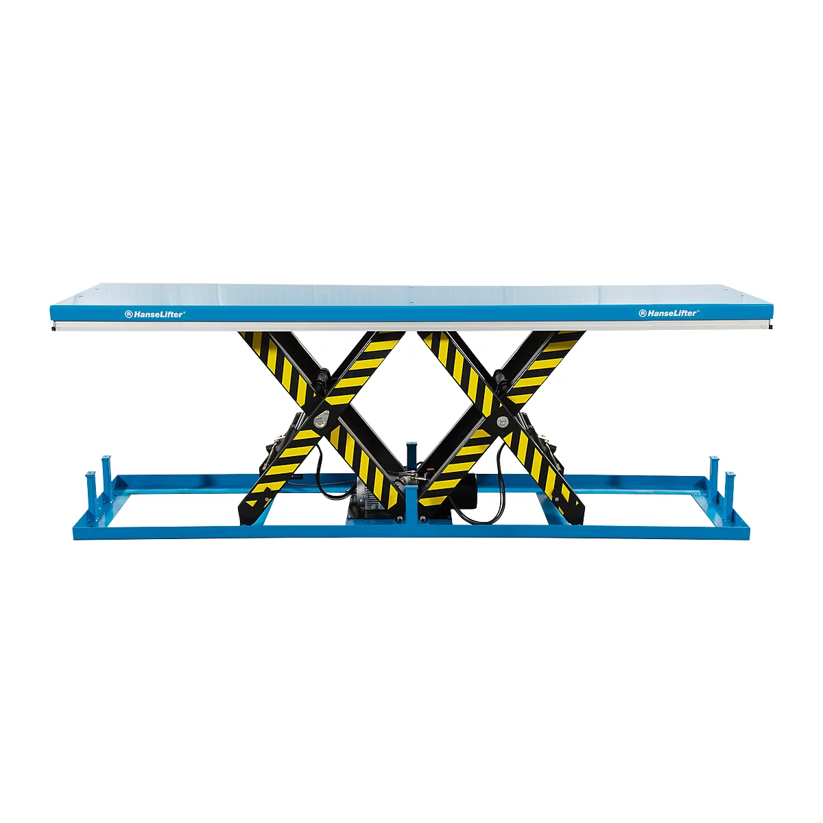 A blue scissor lift with yellow and black striped arms supporting a platform.