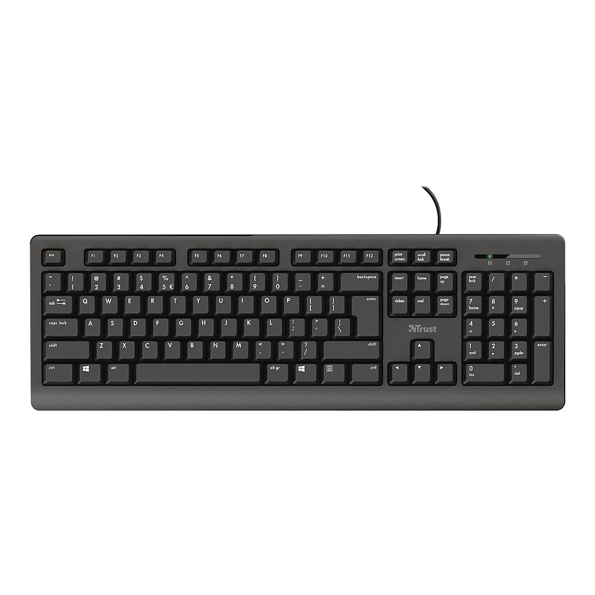 Schwarze kabelgebundene Trust-Tastatur mit Standard-Layout und Nummernblock vor weißem Hintergrund.