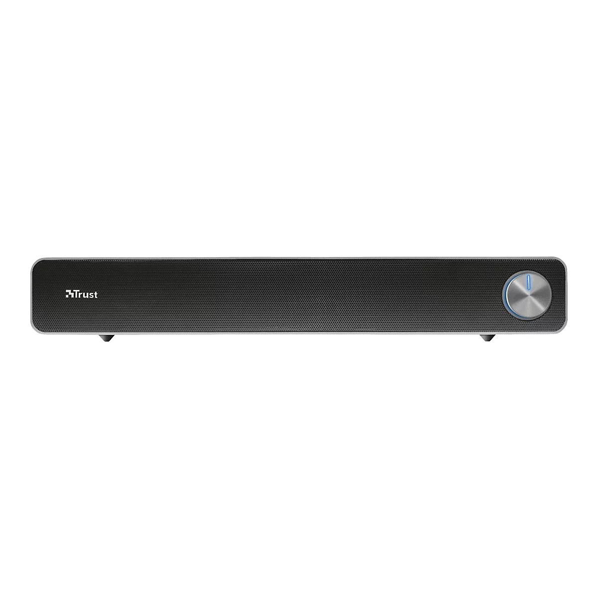 Schwarze Trust Soundbar mit rundem Lautstärkeregler und blauer LED-Anzeige vor weißem Hintergrund.