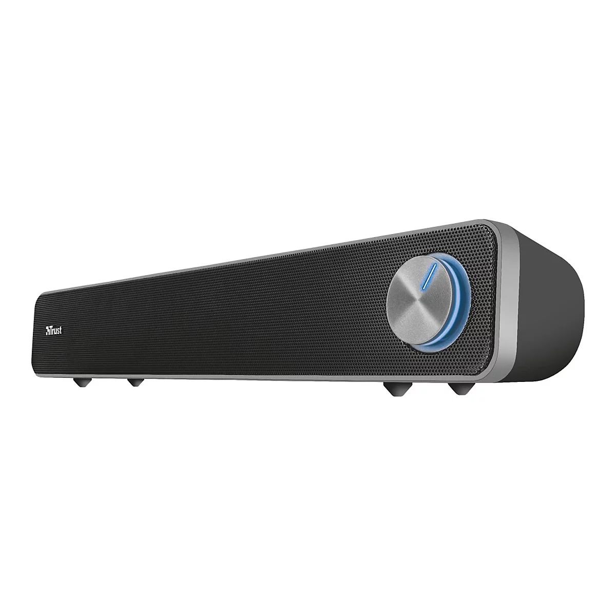 Schwarze, längliche Trust Soundbar mit leisuchtendem blauen Drehknopf auf der rechten Seite.